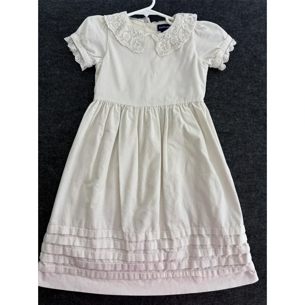 Ralph Lauren Girls Cream Corduroy Lace Collar Dress‎ Size 4 Pintuck Hem Holiday